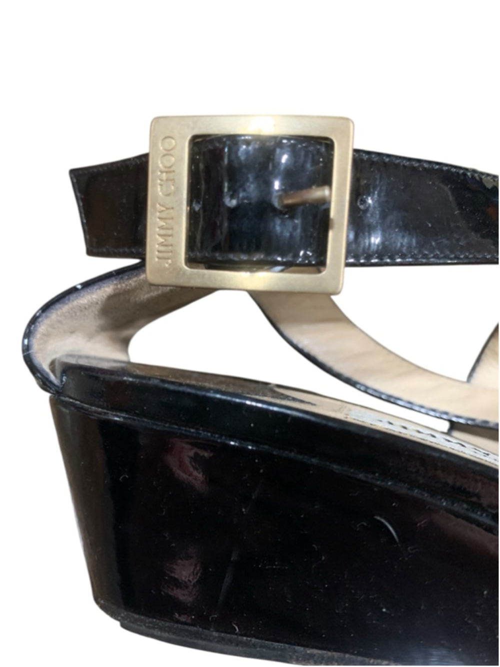 Women's Jimmy Choo Black Patent Leather Wedge Sandals 7.5 - Picture 3 of 6